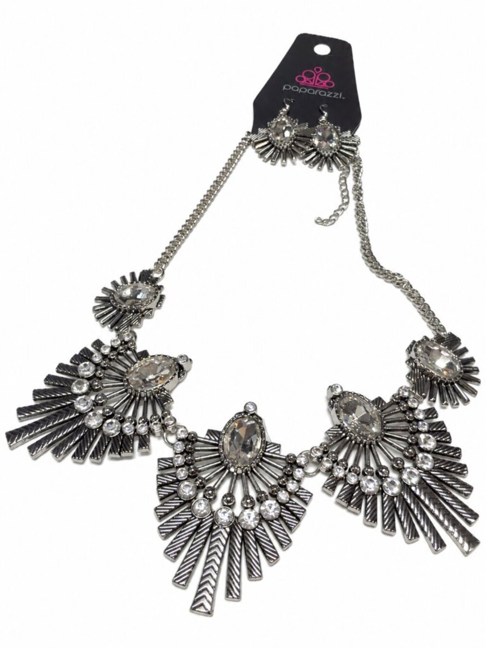 Paparazzi Silver Tone Rhinestone Fan Statement Necklace & Earrings Set